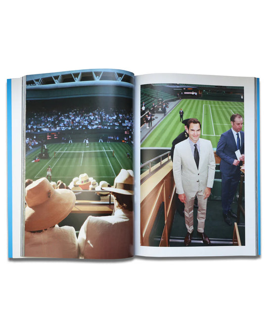 Open Broken Rackets book with a phot of a tennis court and Roger Federer
