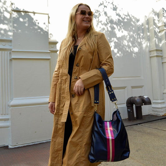 Noe Metallic Leather Shoulder Bag Navy & Fuchsia