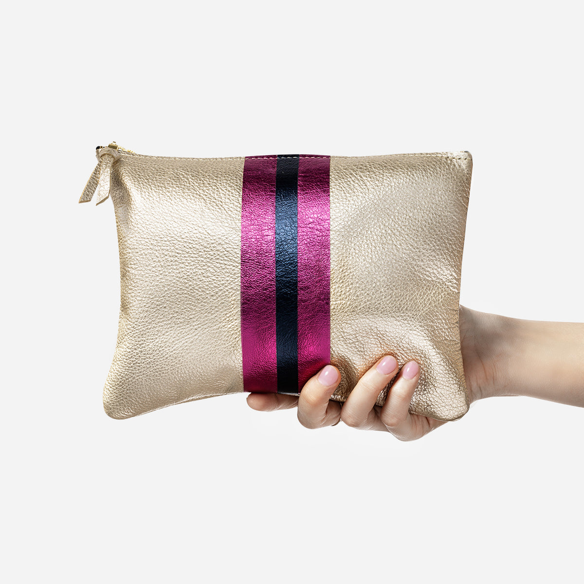 Lex Metallic Leather Clutch Champagne & Fuchsia