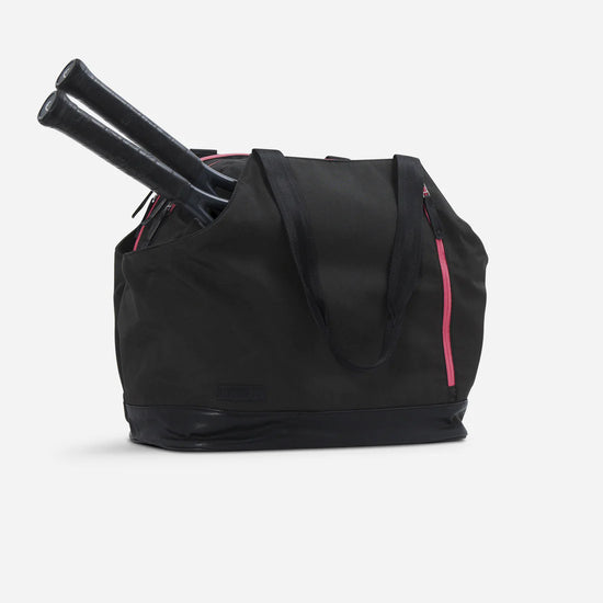 Doubletake London Tennis Duffel in black and watermelon.