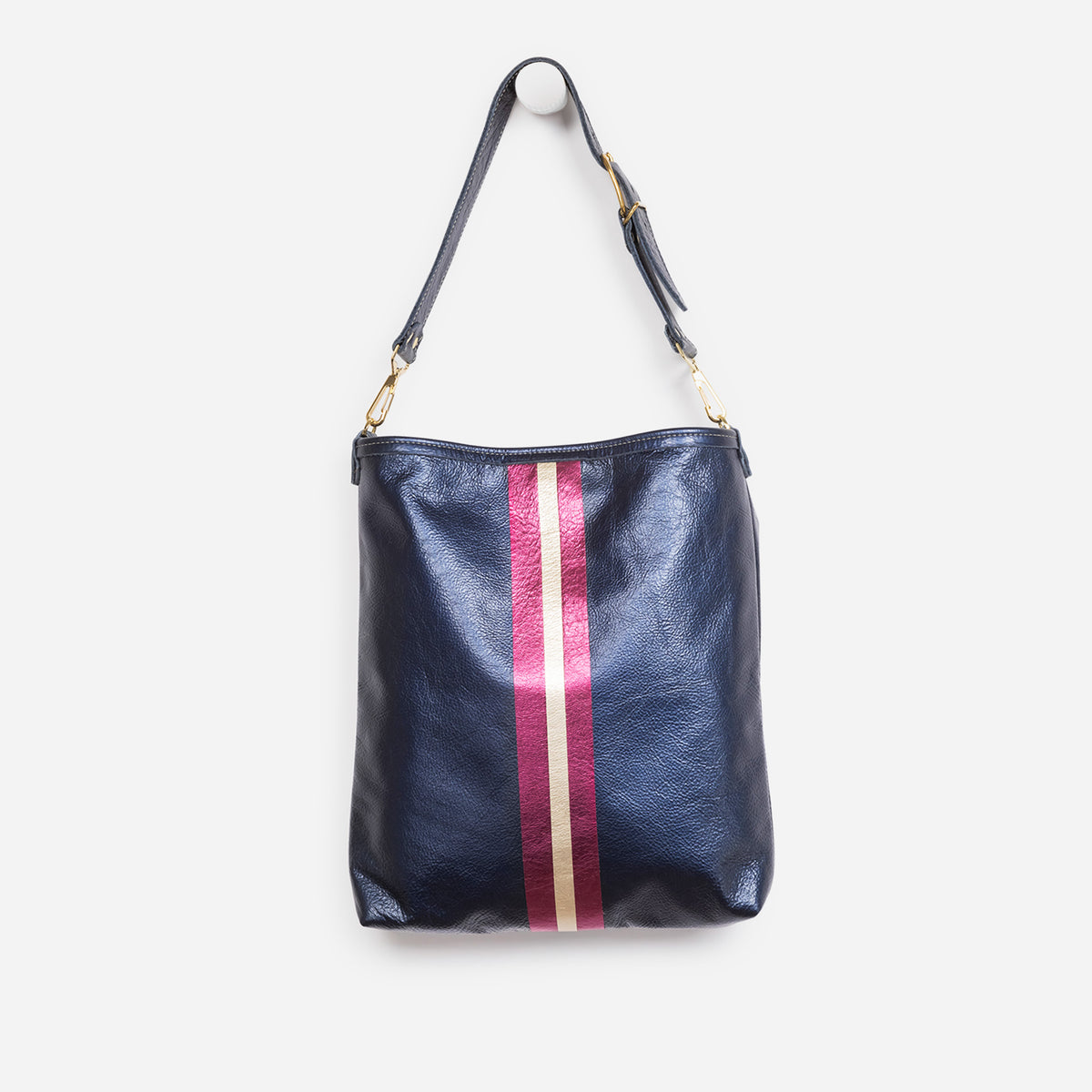 Noe Metallic Leather Shoulder Bag Navy & Fuchsia
