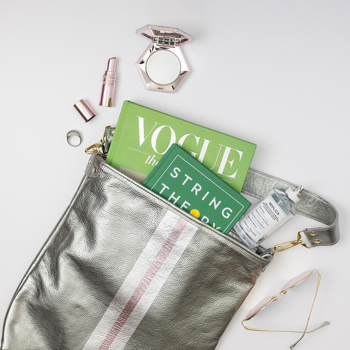 Noe Metallic Leather Shoulder Bag Graphite & Platinum
