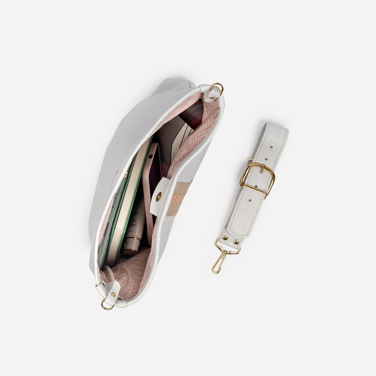 Noe Metallic Leather Shoulder Bag Snow & Champagne