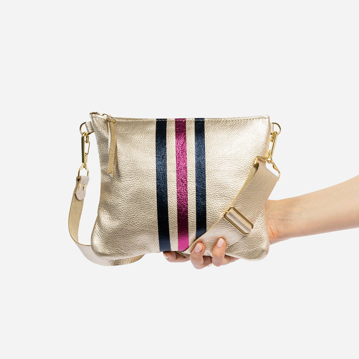 Reya Genuine Metallic Leather Crossbody Bag Champagne & Navy