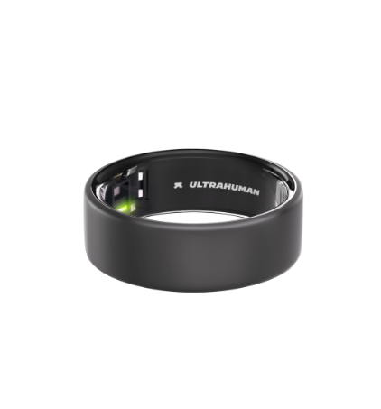 Black Ultrahuman smart ring with a sleek design and interior sensors, displayed on a white background.