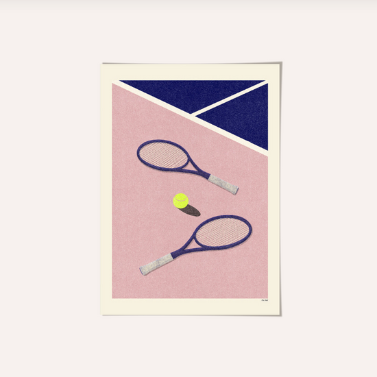 Tennis print of two tennis racquets on a pink background
