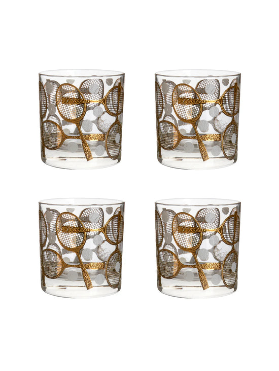 Clear old fashioned glasses with metallic overlapping tennis racquets