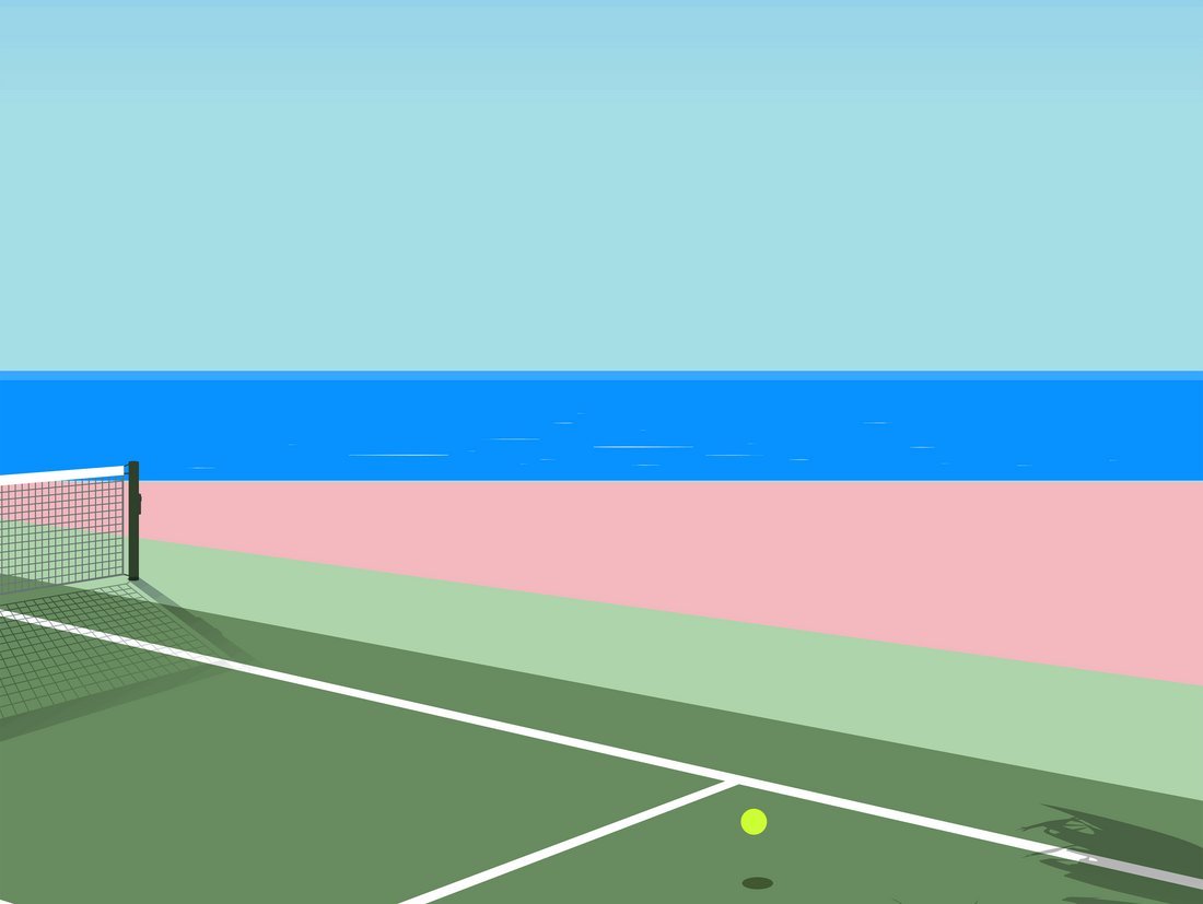 Graphic of tennis court alongside the beach