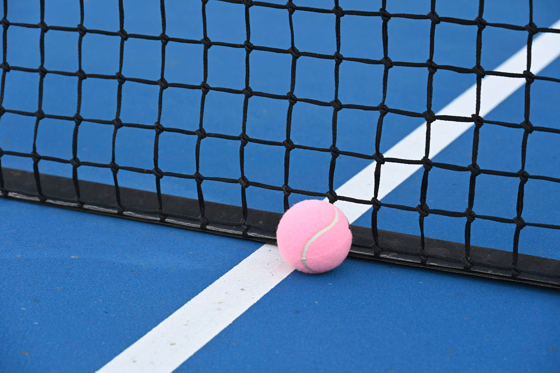 A pink tennis ball sits near the net  on a blue hard court.