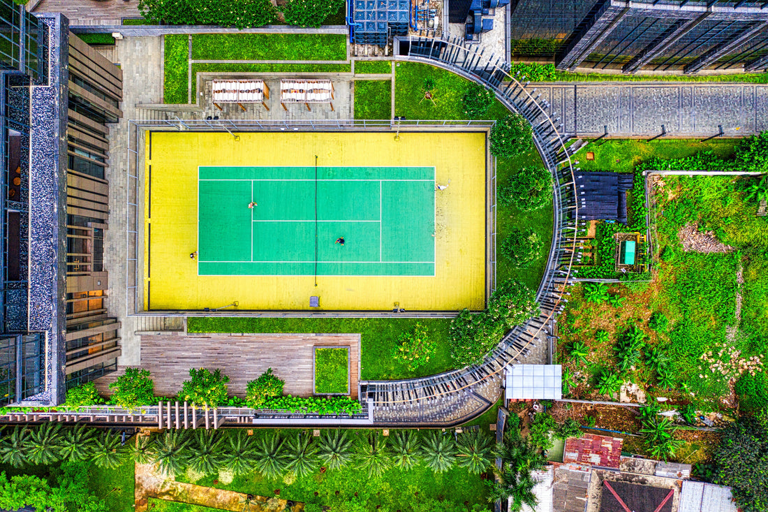 Aerial view of one tennis court