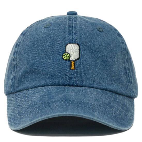 Blue denim cap with an embroidered pickleball paddle and ball design on the front.