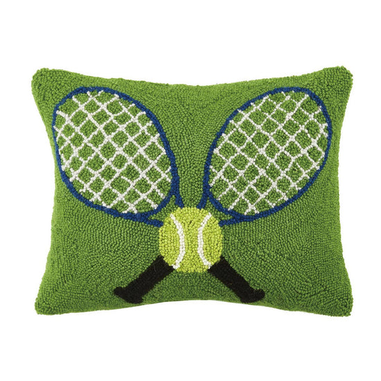 Pillow with crossed tennis racquets detail.