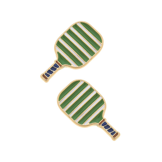 Two pickleball paddle-shaped enamel pins with green and blue stripes on a white background.
