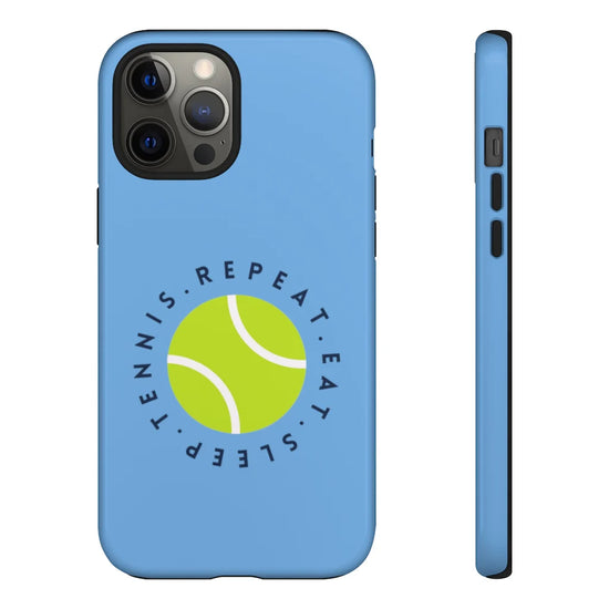 Blue phone case with a tennis ball design and the words Eat. Sleep. Tennis. Repeat. in a circular pattern.