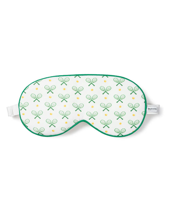 Sleeping eye mask with tennis racquet pattern.