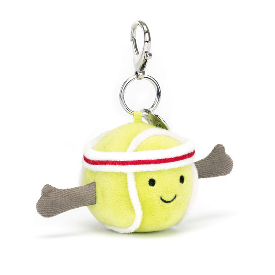 Keychain with plush tennis ball with face and arms.