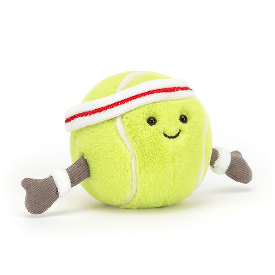 Smiling tennis ball plush with arms and a headband. 