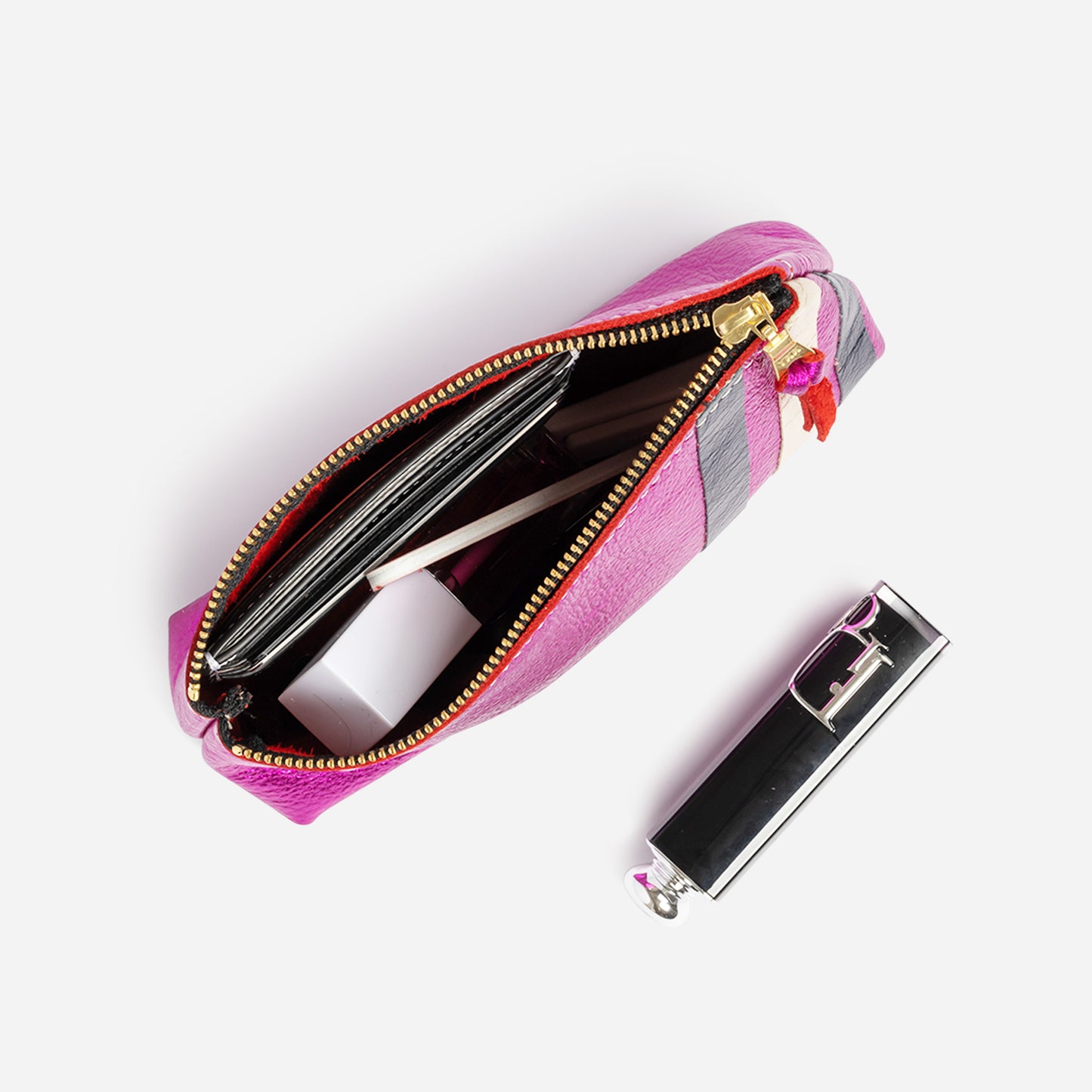 Bree Small Leather Pouch Fuchsia & Navy