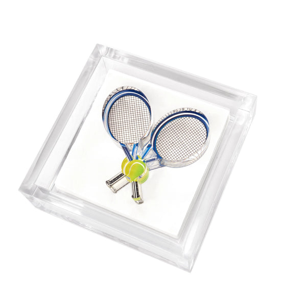 Acrylic tennis racquet cocktail napkin holder.