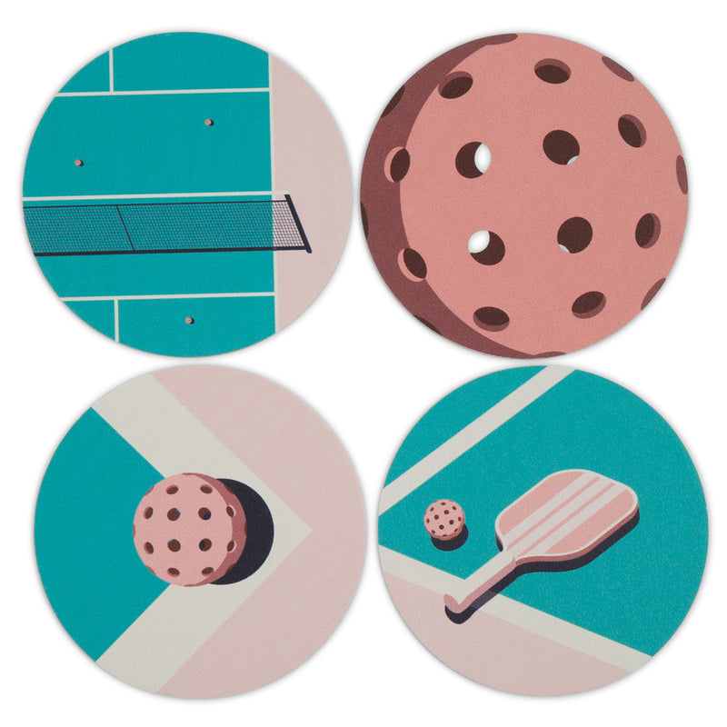 Illustrations of pickleball paddles, balls, and courts in circular frames with vibrant blue and pink hues.