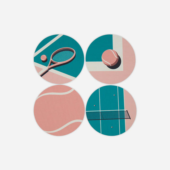4 Doubletake coasters featuring various tennis illustrations