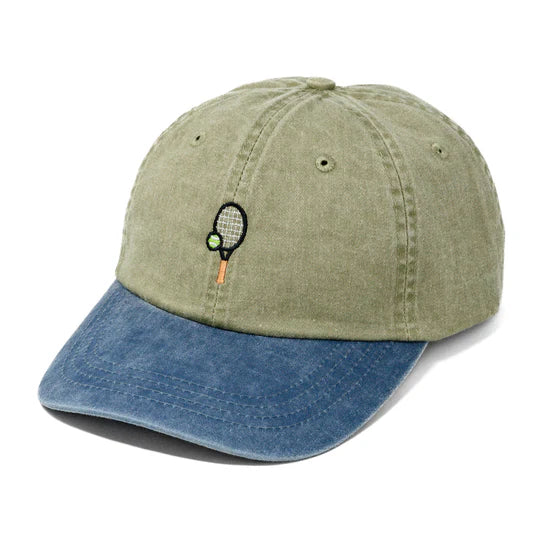 Two-toned hat with embroidered tennis racquet detail.