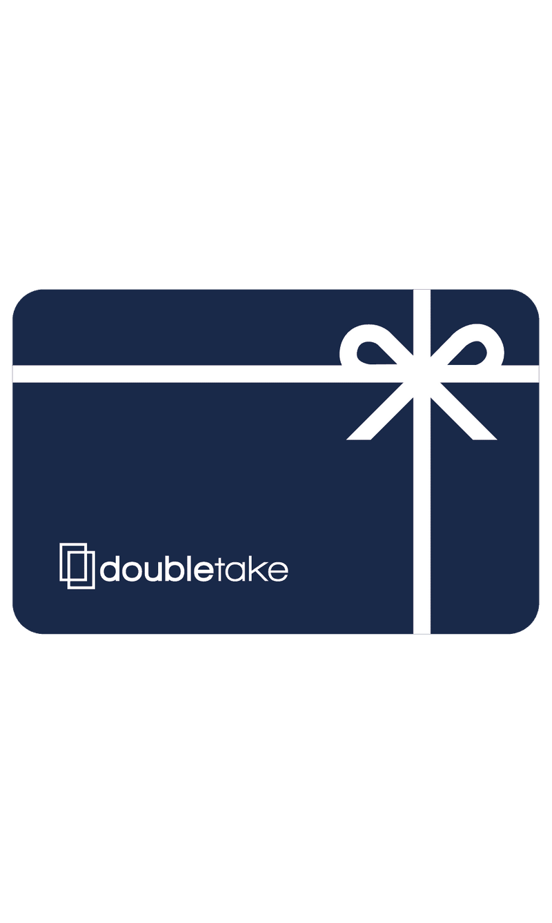 Dark blue gift card with a white ribbon design and doubletake logo in the corner.