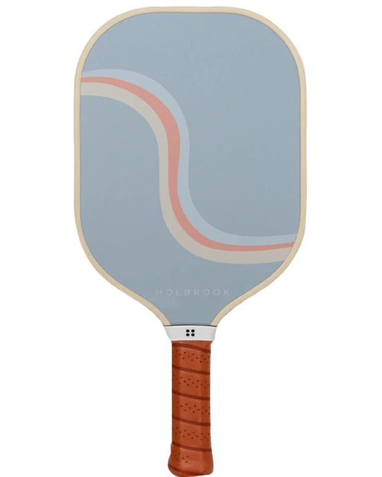 Pickleball paddle with a light blue face featuring curved pastel stripes and a brown grip.