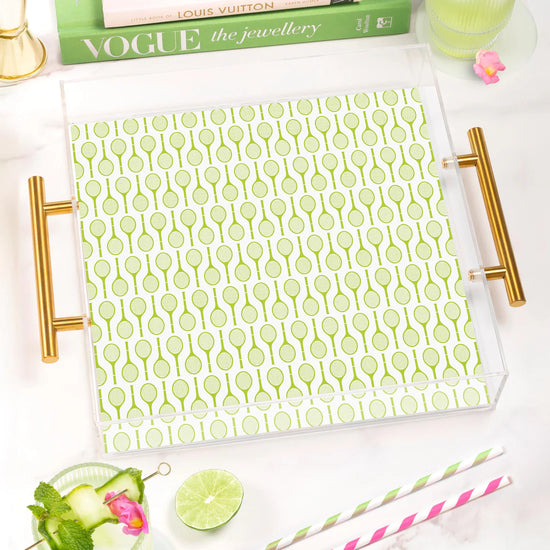 Tennis racquet pattern acrylic serving tray.