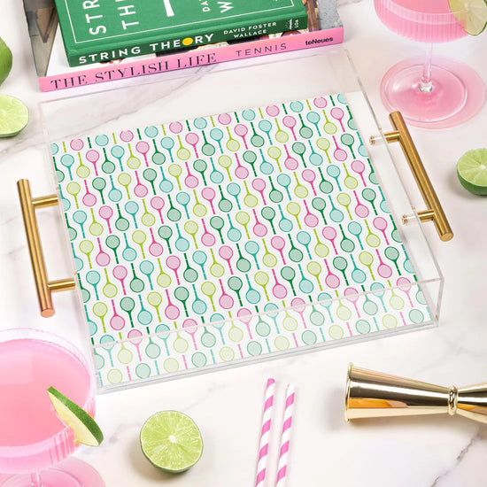 Acrylic tray with hold handles and multicolored tennis racquet detail