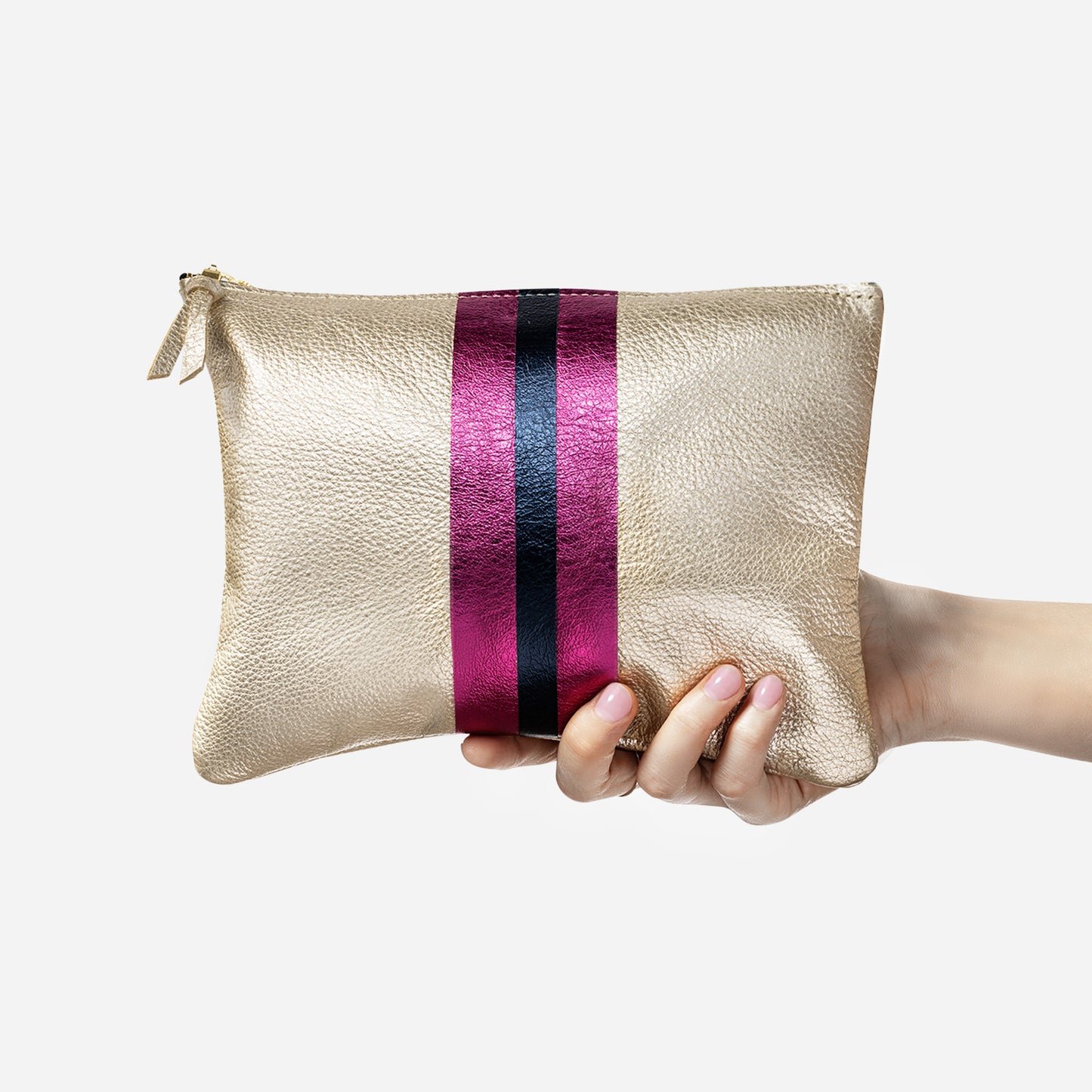 Lex Metallic Leather Clutch Champagne & Fuchsia