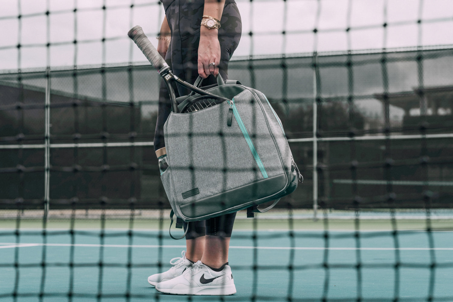 Grey and teal designer tennis bag for women