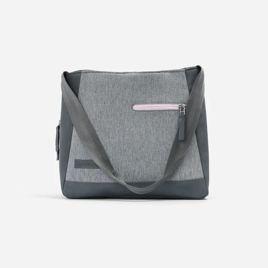 Gray and dark gray tennis tote bag with a front zipper pocket and adjustable shoulder strap.