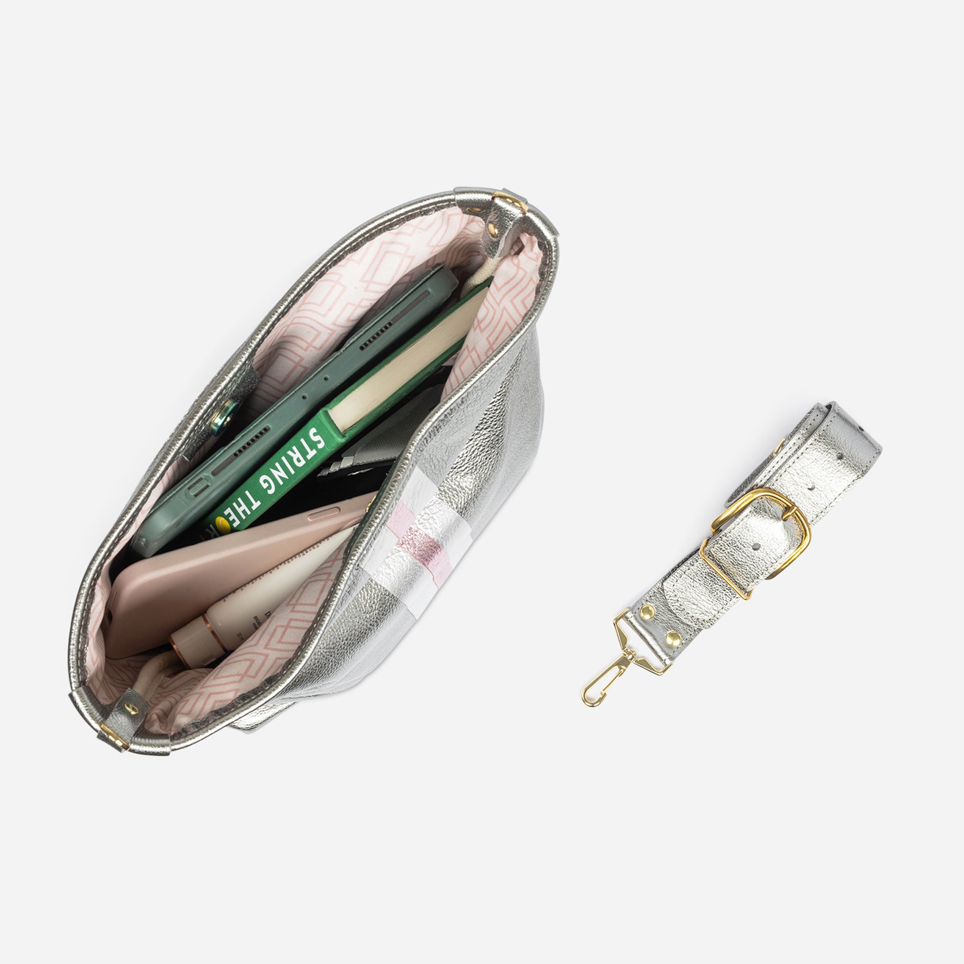 Noe Metallic Leather Shoulder Bag Graphite & Platinum