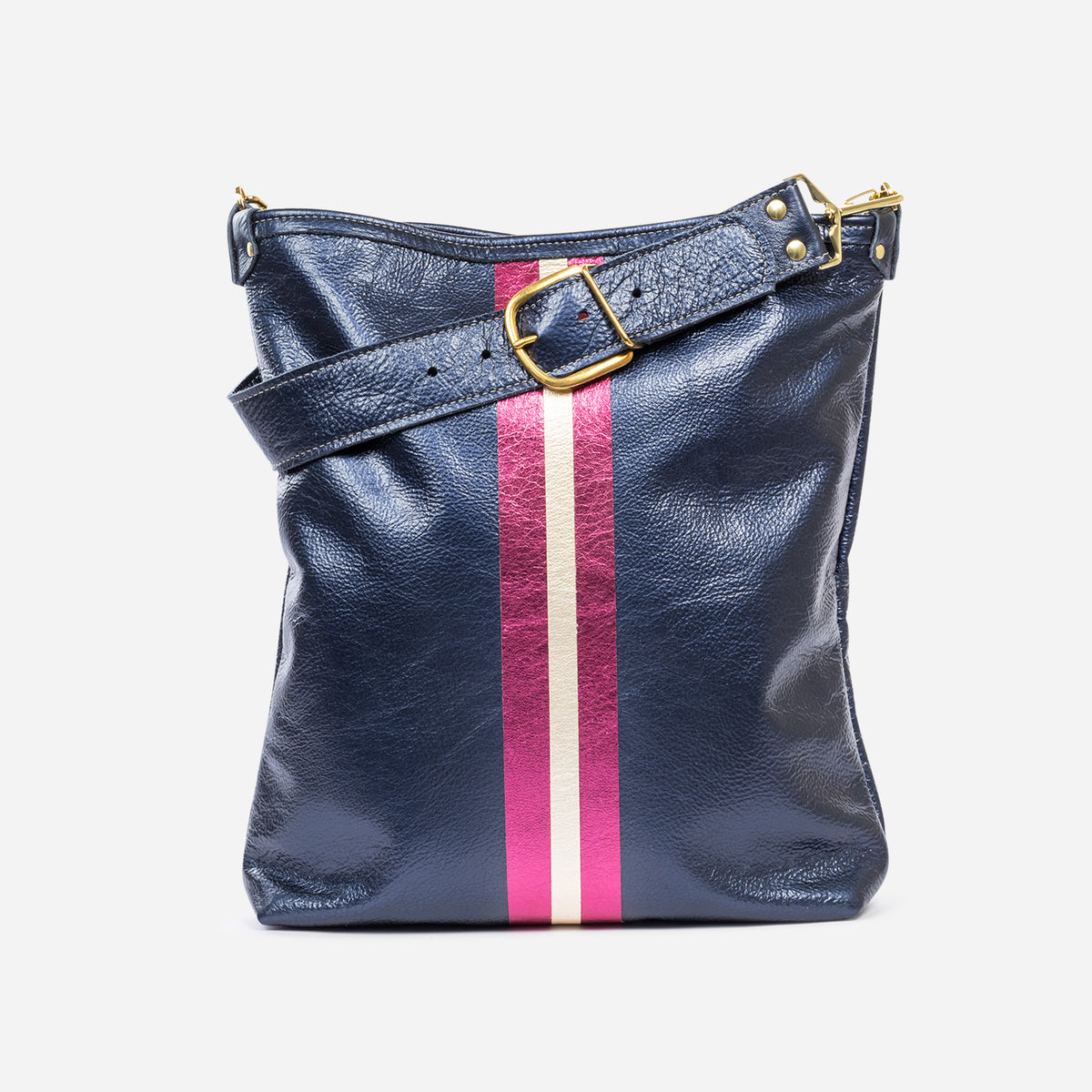 Noe Metallic Leather Shoulder Bag Navy & Fuchsia
