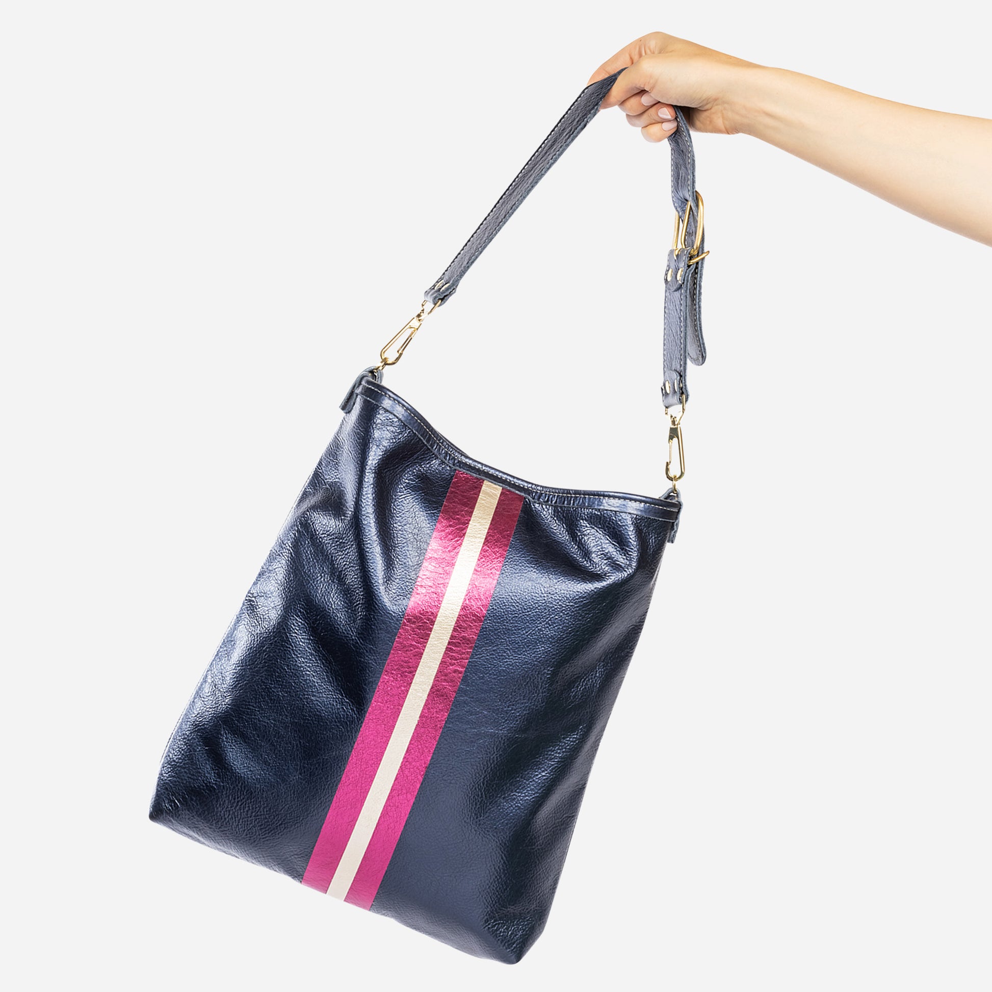 Noe Metallic Leather Shoulder Bag Navy & Fuchsia