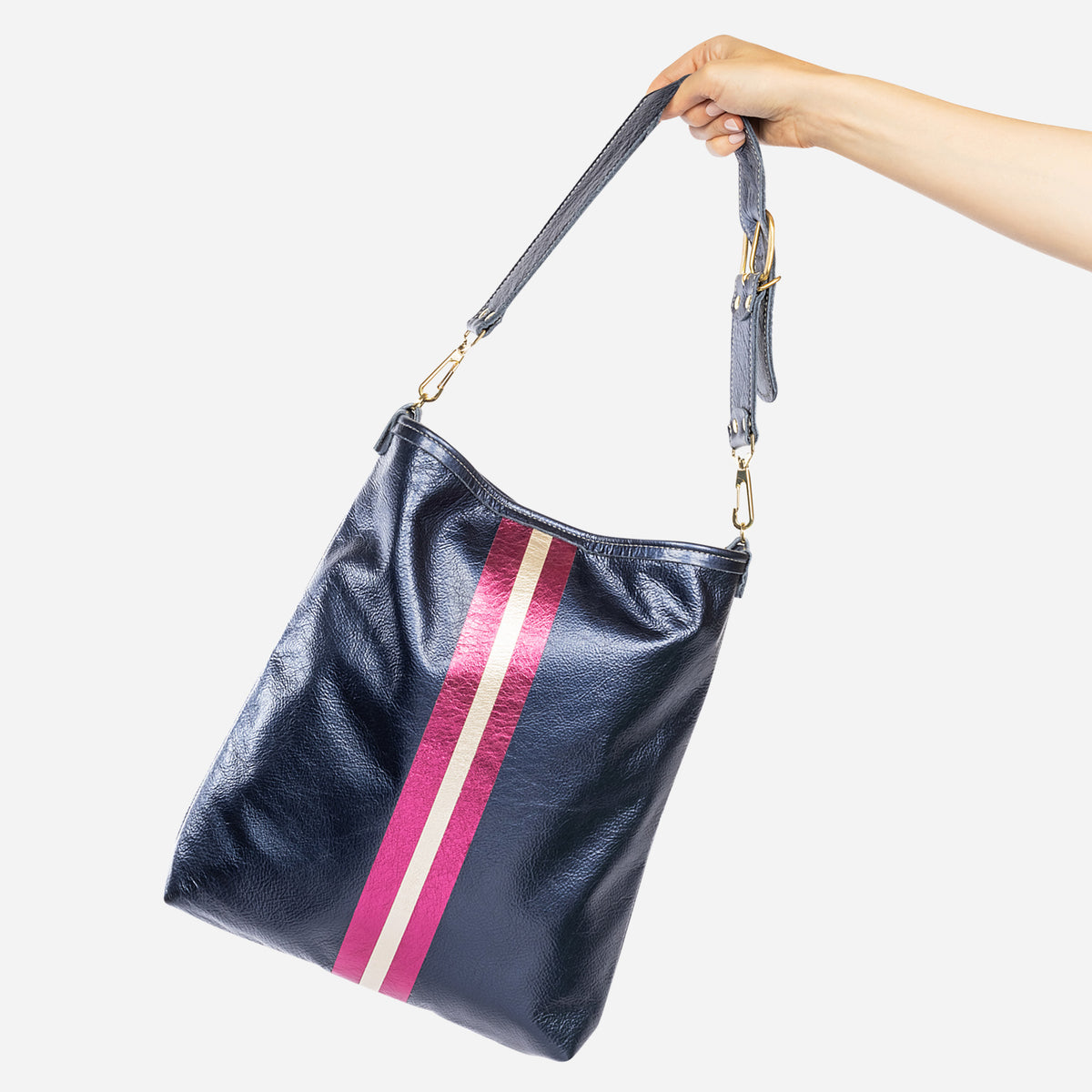 Noe Metallic Leather Shoulder Bag Navy & Fuchsia