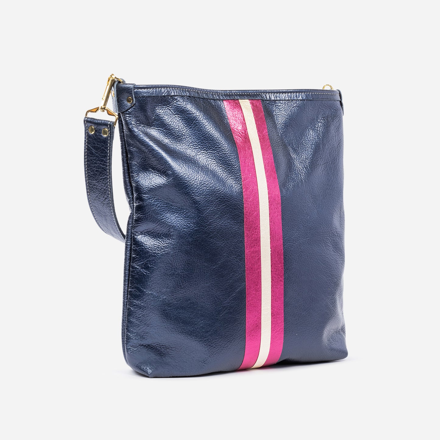 Noe Metallic Leather Shoulder Bag Navy & Fuchsia