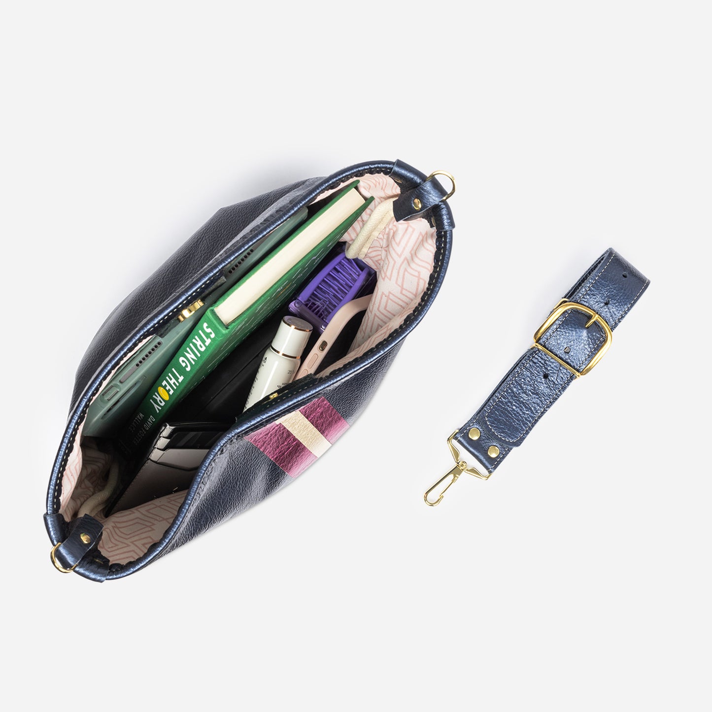 Noe Metallic Leather Shoulder Bag Navy & Fuchsia