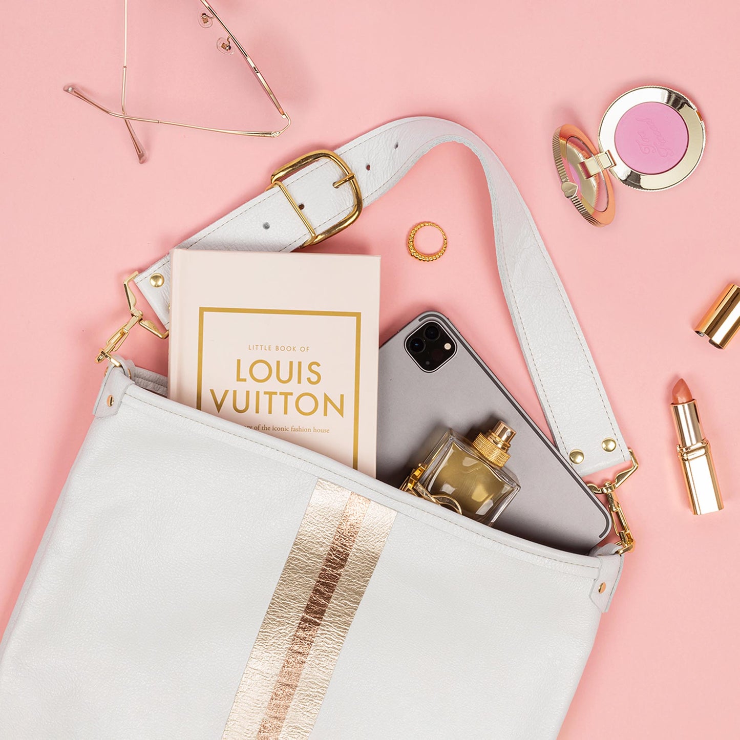 Noe Metallic Leather Shoulder Bag Snow & Champagne