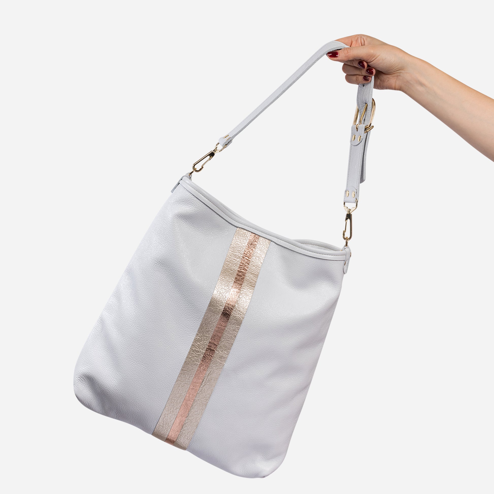 Noe Metallic Leather Shoulder Bag Snow & Champagne