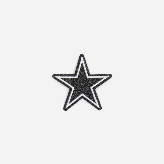Black glittery star patch with white outline, set on a plain white background.
