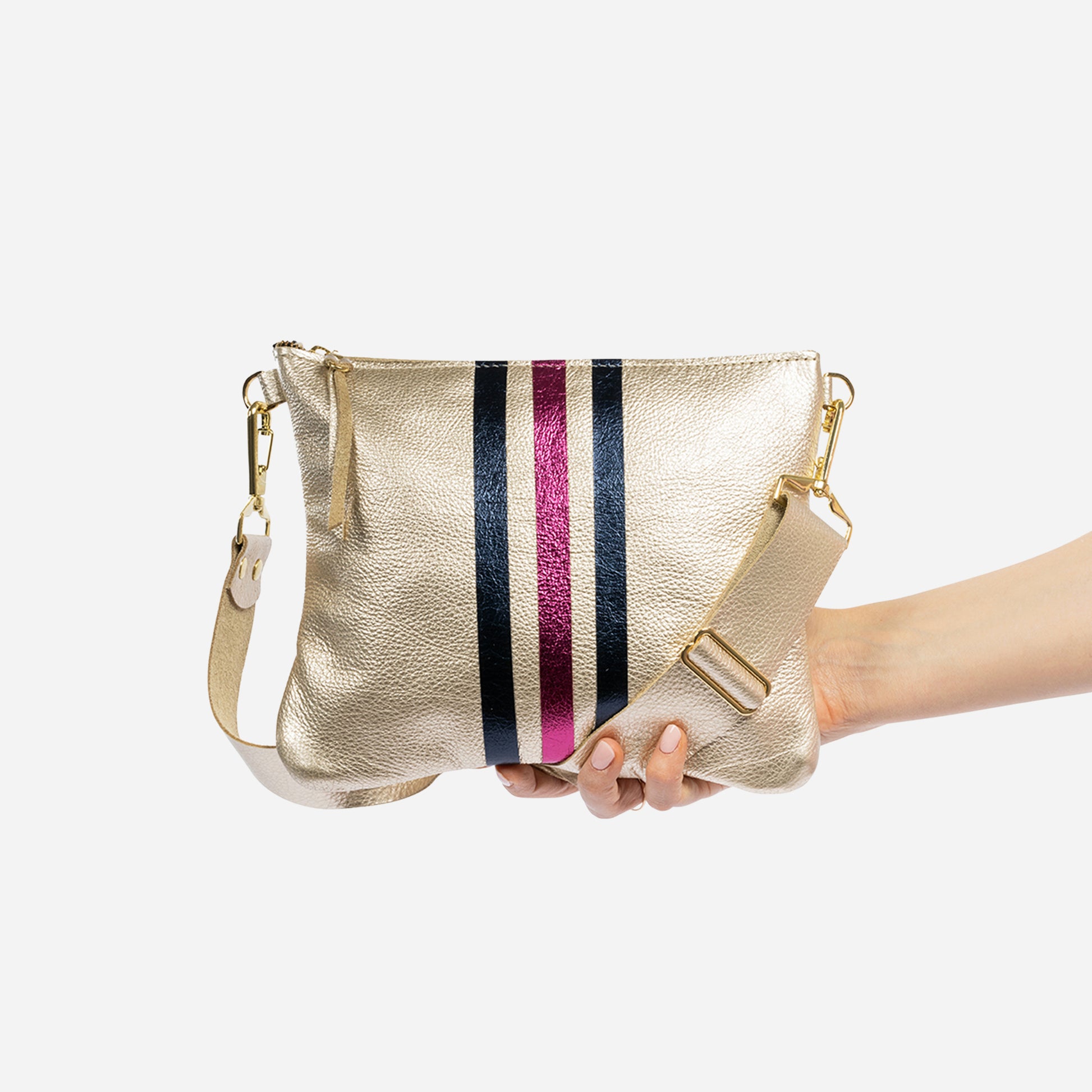 Reya Genuine Metallic Leather Crossbody Bag Champagne & Navy