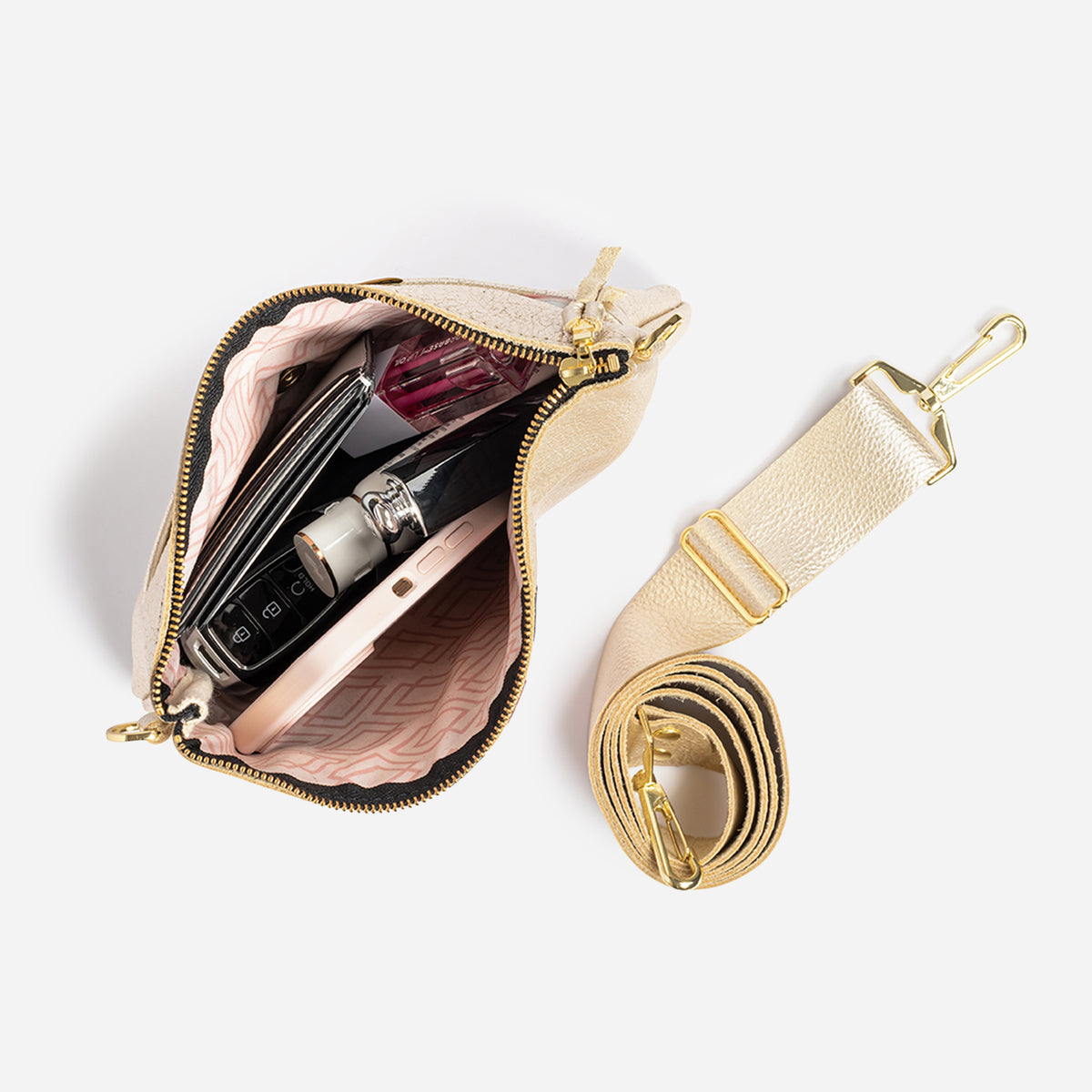 Reya Genuine Metallic Leather Crossbody Bag Champagne & Navy