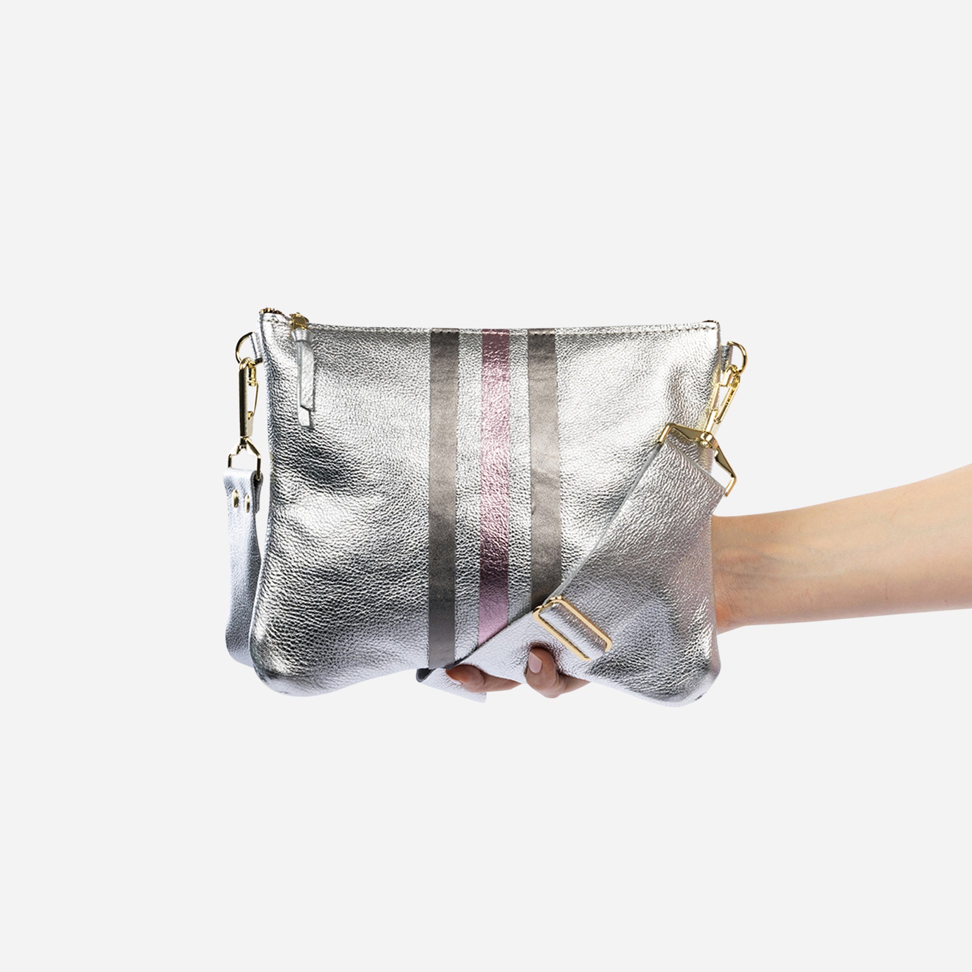 Reya Genuine Metallic Leather Crossbody Bag Platinum & Graphite