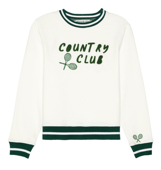White sweatshirt with Country Club and tennis racquets design, green trim on collar, cuffs, and hem.