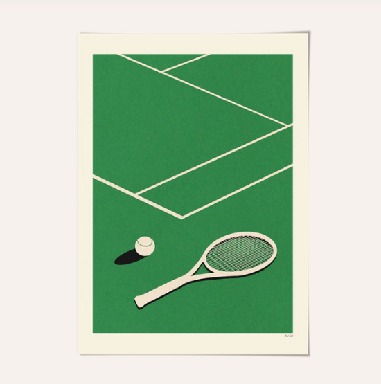 Illustration of a tennis court with a racquet and ball on a green surface.