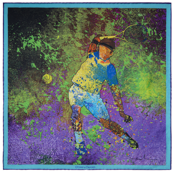 Silk pocket square with man playing tennis illustration.