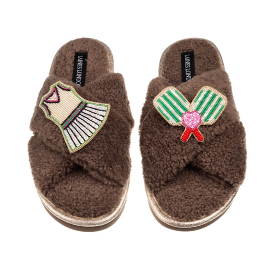 Boucle skippers with pickleball paddle and dress brooches.