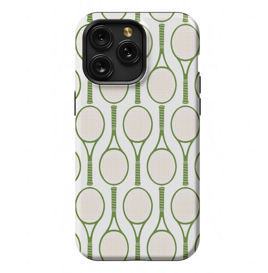 Phone case with tennis racquet pattern.